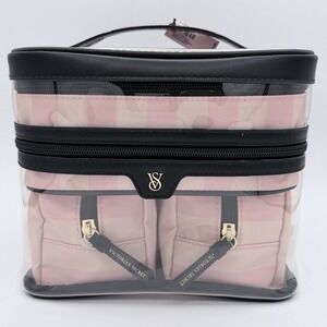 Victoria's Secret 4 Pc Pink Stripe Vanity Train Case Cosmetic Travel Bag Set